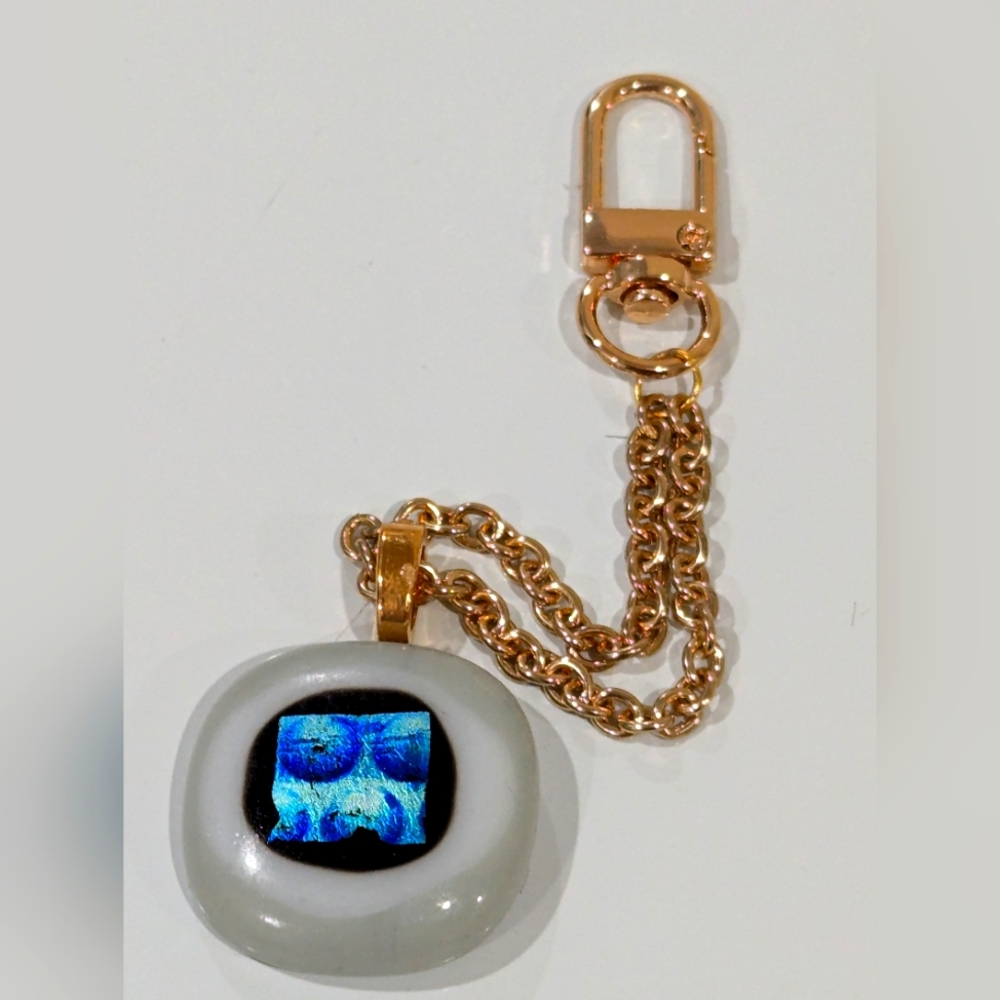 Unique Hand crafted artisan bag charm or key chain with Dichroic glass